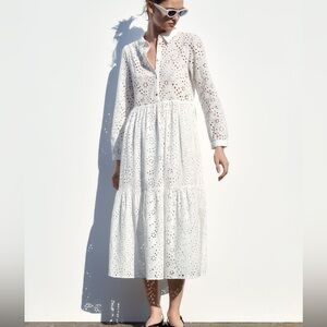 Zara White Cotton Eyelet Embroidered Midi Dress